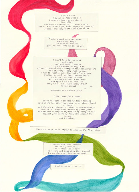 image of the poem typed out on paper with rainbow handkerchief weaving around the page in watercolor 